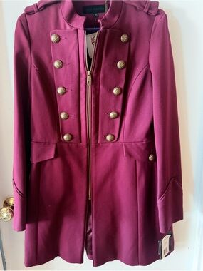 Steve Madden Burgundy Military-Style Peacoat with Gold Buttons